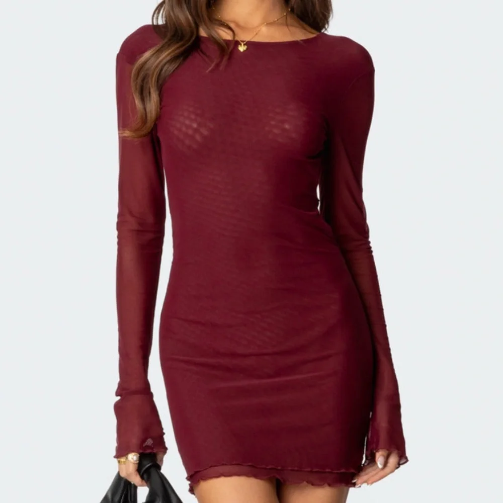 Red Ruched Long Sleeve Mini Dress - Picture 1 of 6